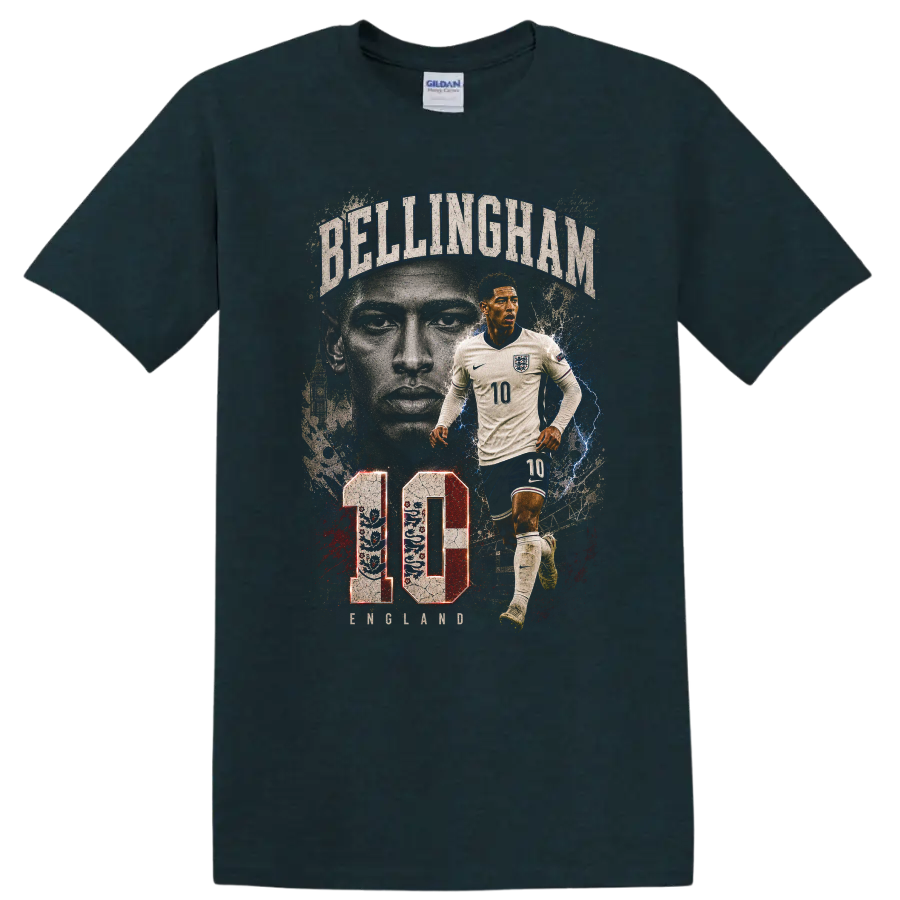 Jude Bellingham soccer action portrait with BELLINGHAM text and number 10 on a Midnight (Green) T Shirt