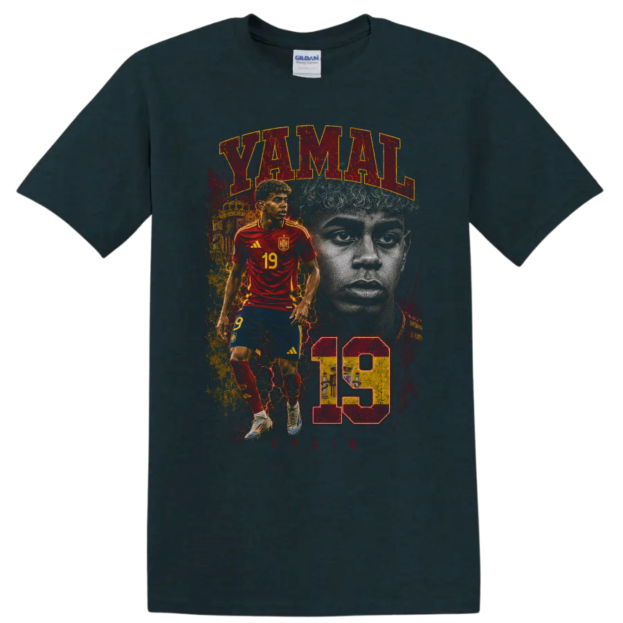 Lamine Yamal soccer portrait graphic with YAMAL and number 19 on a Midnight (Green) T Shirt