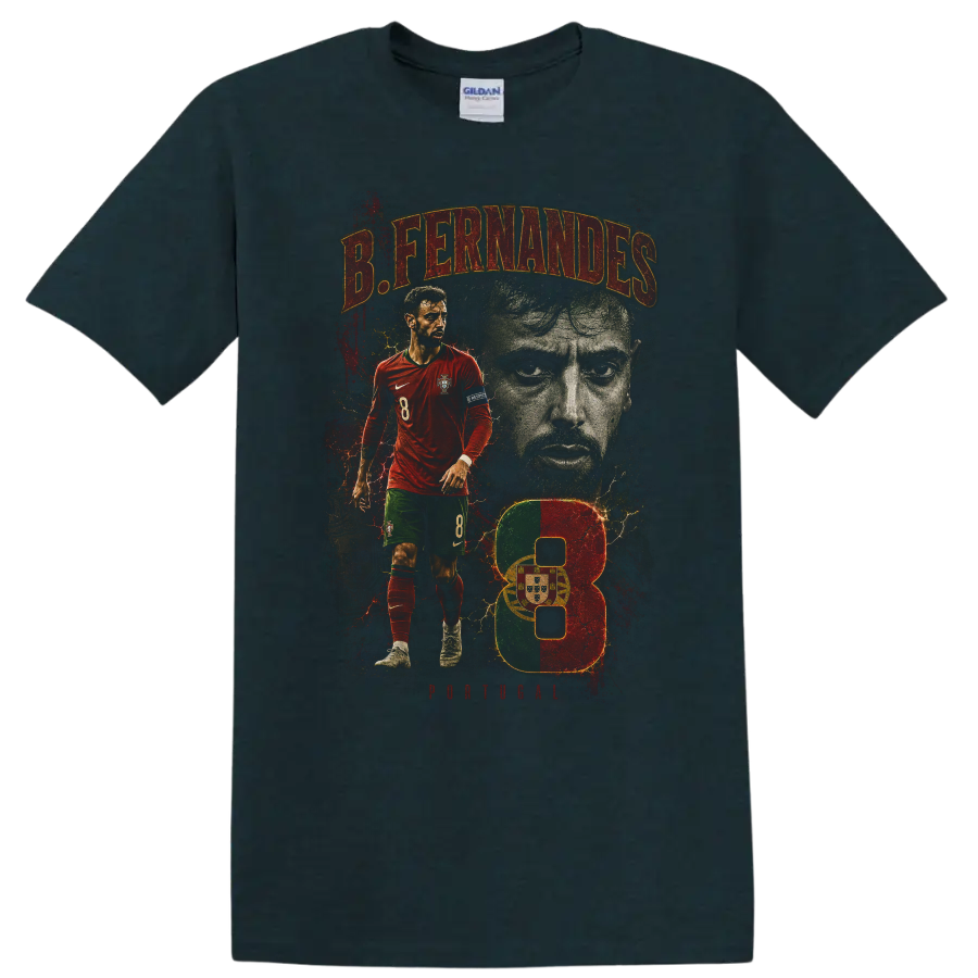 Bruno Fernandes Portugal soccer action portrait with number 8 graphic on a Midnight (Green) T Shirt