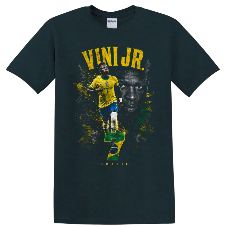 Vinícius Júnior Brazil soccer graphic with VINI JR. text and number 7 on a Midnight (Green) T Shirt