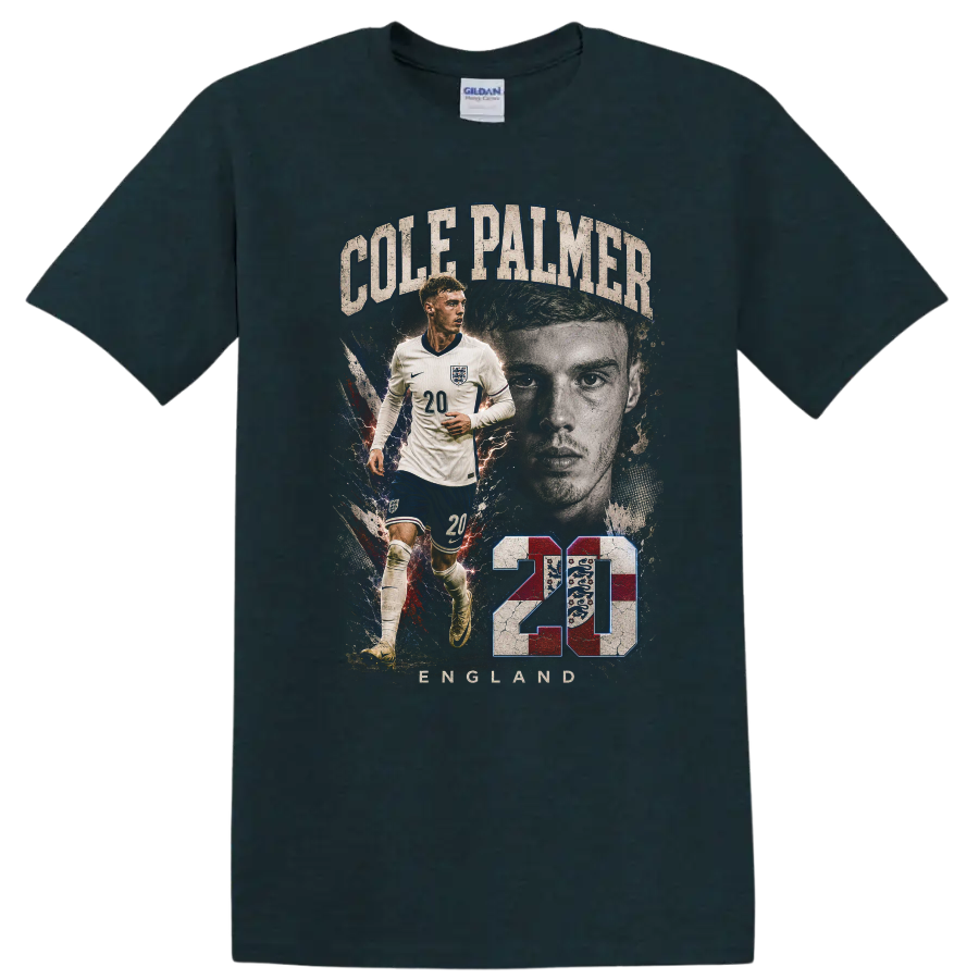 Cole Palmer England soccer Graphic print with number 20 and portrait on a Midnight (Green) T Shirt