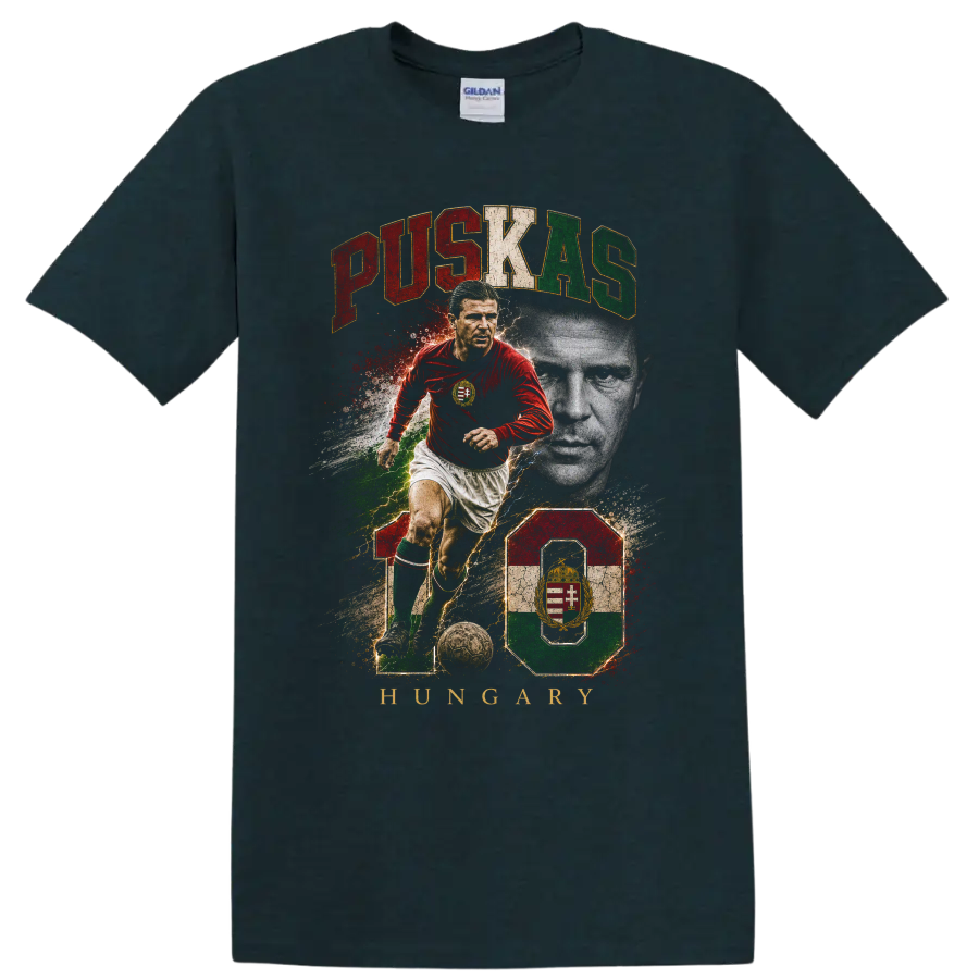 Ferenc Puskás Hungary soccer graphic with portrait, action pose, and number 10 on a Midnight (Green) T Shirt