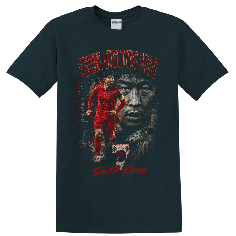 Son Heung-min South Korea distressed soccer graphic with portrait and flag on a Midnight (Green) T Shirt