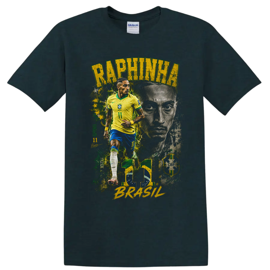 Raphinha Brazil soccer collage with action pose and portrait on a Midnight (Green) T Shirt