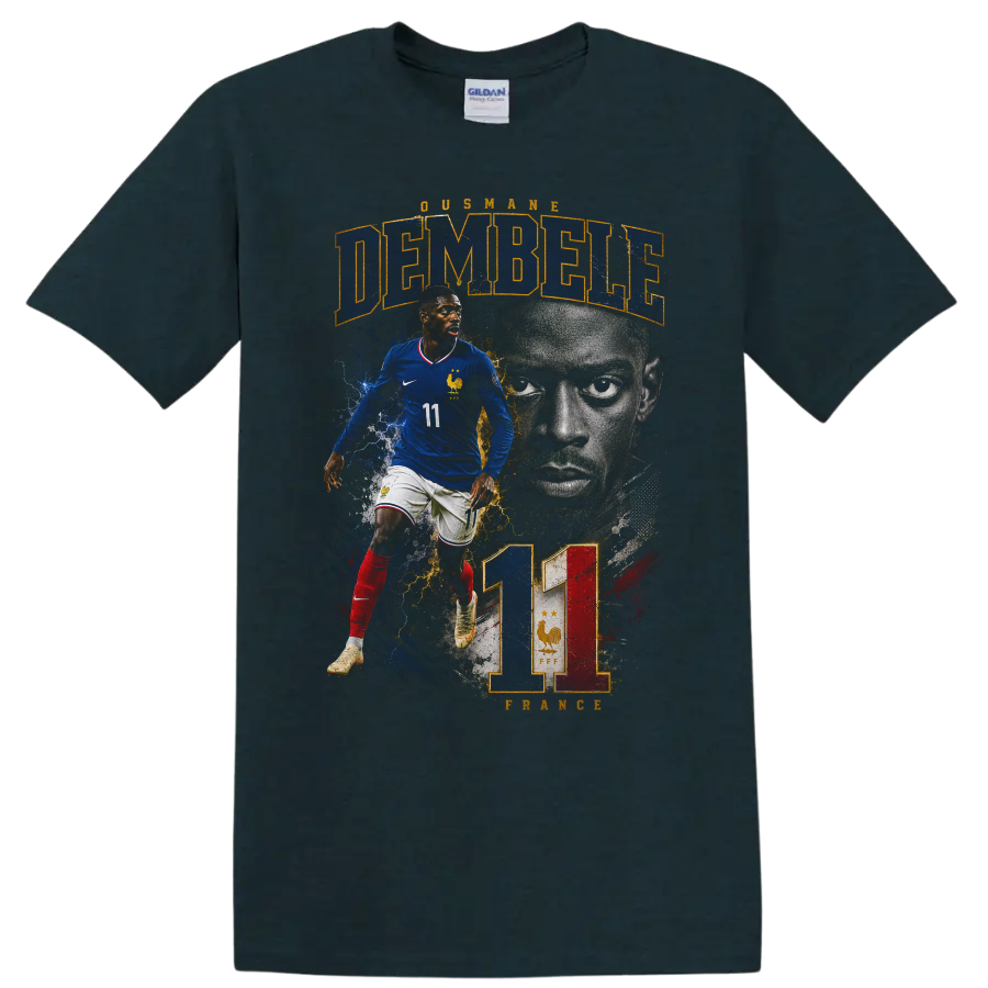 Ousmane Dembélé France soccer graphic with DEMBÉLÉ and number 11 on a Midnight (Green) T Shirt