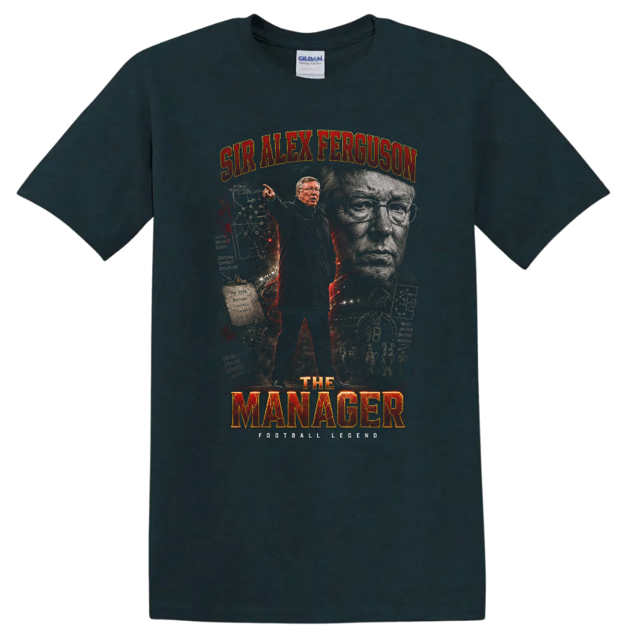 Sir Alex Ferguson Manchester United manager graphic with red and gold lettering on a Midnight (Green) T Shirt