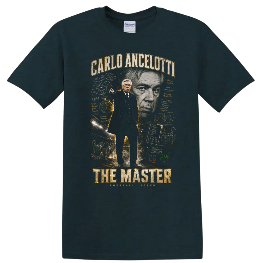 Carlo Ancelotti The Master soccer coach portrait graphic print on a Midnight (Green) T Shirt