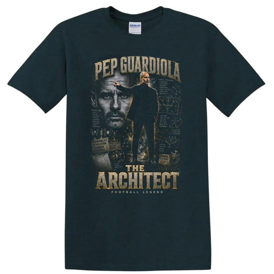 Pep Guardiola Manchester City tactical collage with The Architect text on a Midnight (Green) T Shirt