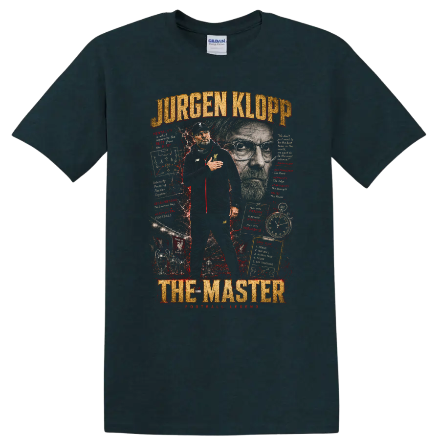 Jürgen Klopp Liverpool FC soccer coach collage with The Master text on a Midnight (Green) T Shirt