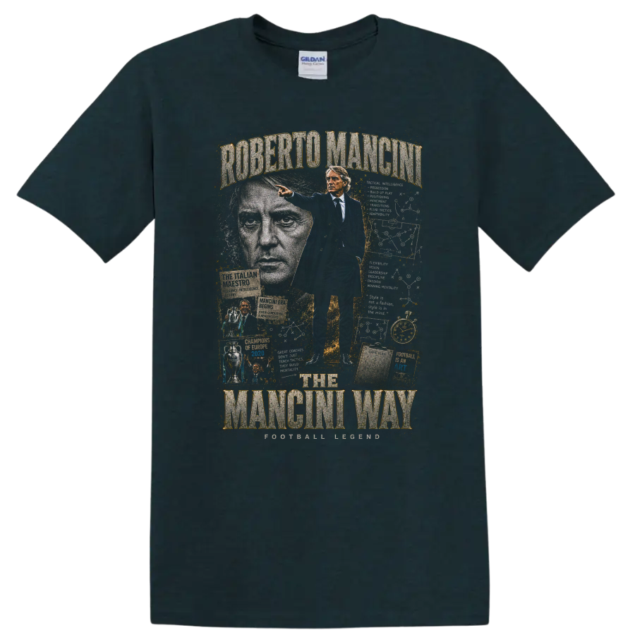Roberto Mancini Italy soccer coach collage with The Mancini Way text on a Midnight (Green) T Shirt