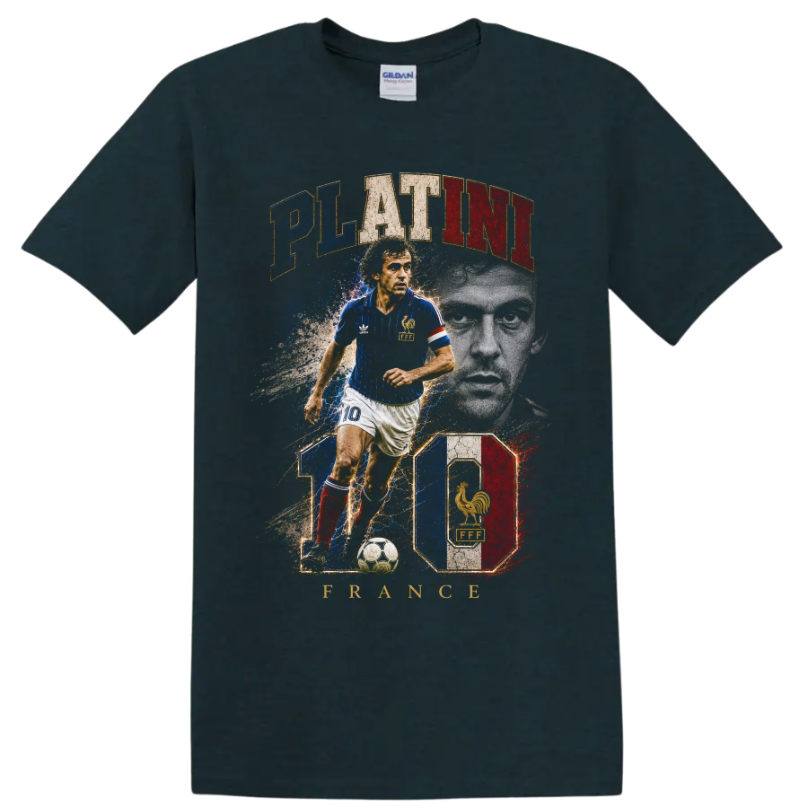 Michel Platini France soccer player vintage graphic with PLATINI text on a Midnight (Green) T Shirt