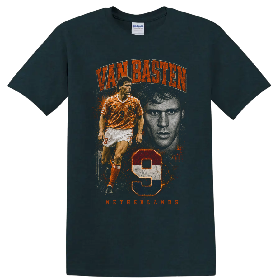 Marco van Basten Netherlands number 9 distressed soccer portrait design on a Midnight (Green) T Shirt