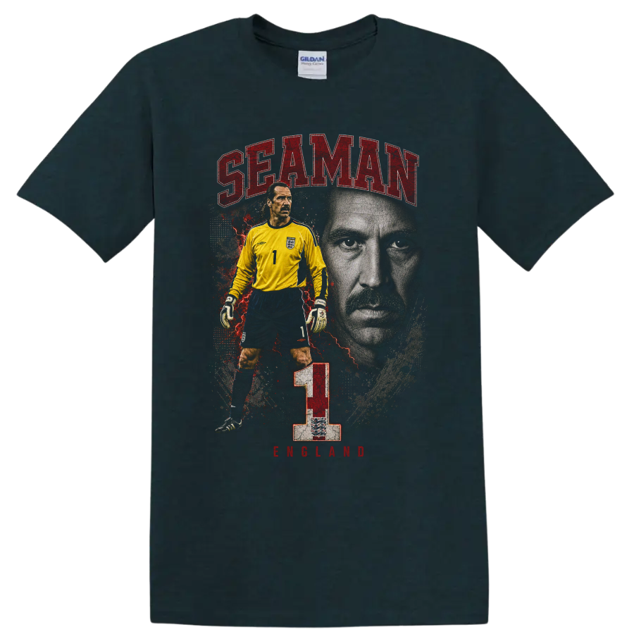 David Seaman Arsenal goalkeeper retro soccer portrait with number 1 on a Midnight (Green) T Shirt
