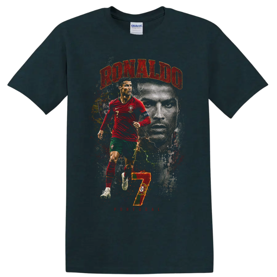Cristiano Ronaldo Portugal soccer graphic with RONALDO and number 7 on a Midnight (Green) T Shirt