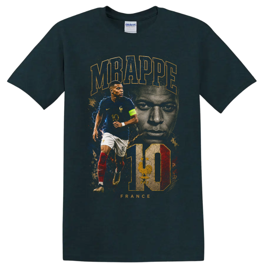 Kylian Mbappé France soccer action portrait graphic with number 10 on a Midnight (Green) T Shirt