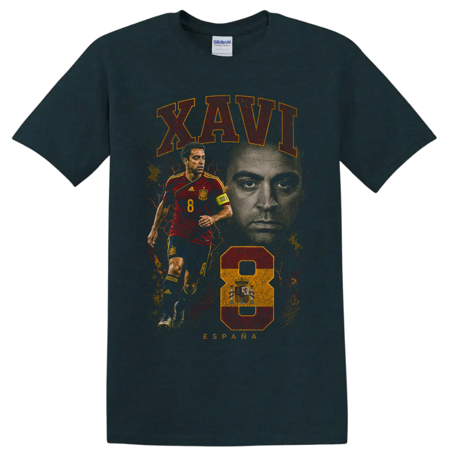 Xavi Hernández Spain soccer tribute graphic with portrait and number 8 on a Midnight (Green) T Shirt