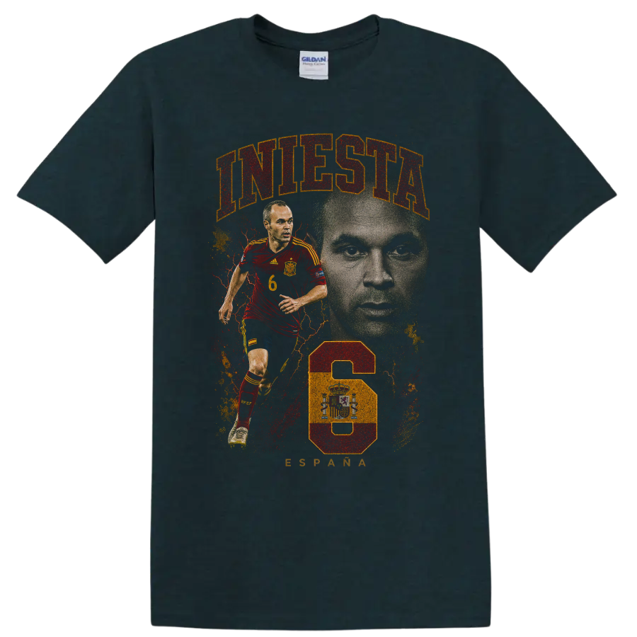 Xavi Hernández Spain soccer action portrait graphic print on a Midnight (Green) T Shirt