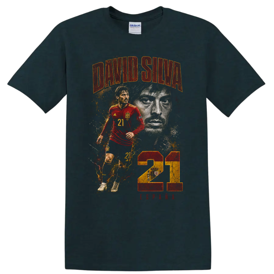 David Silva Spain soccer portrait and action graphic with number 21 on a Midnight (Green) T Shirt