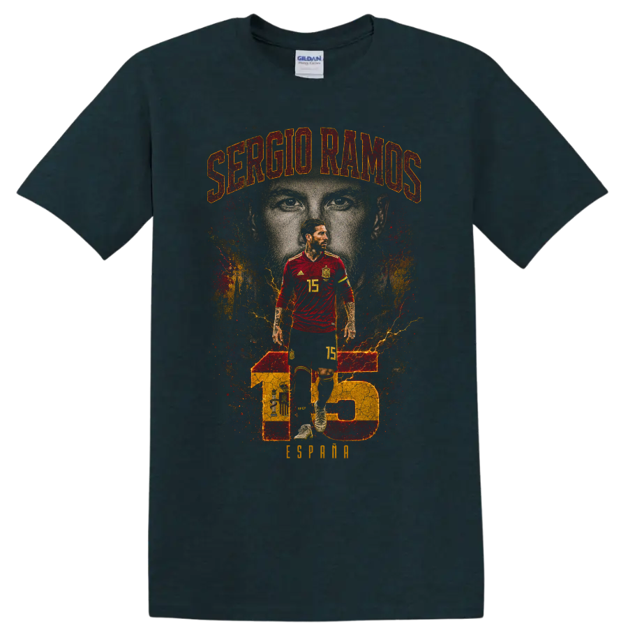 Sergio Ramos Spain soccer portrait with name and number 15 graphic on a Midnight (Green) T Shirt