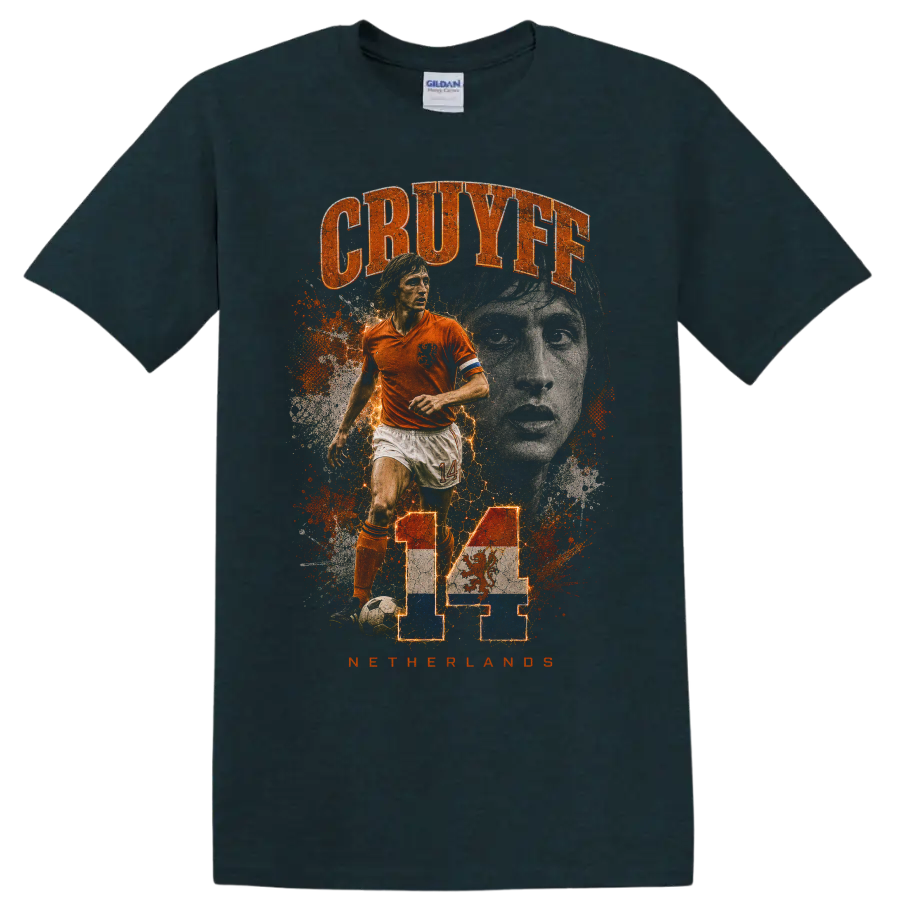 Johan Cruyff Netherlands soccer collage with CRUYFF and number 14 on a Midnight (Green) T Shirt