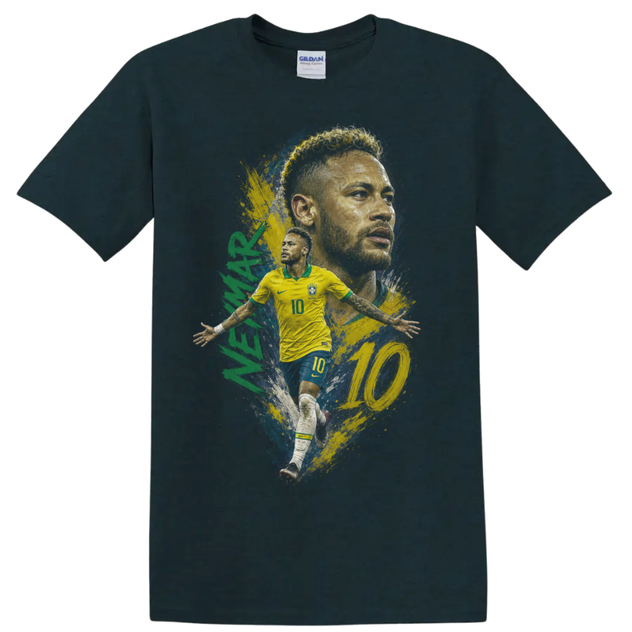 Neymar Brazil soccer player number 10 portrait and action graphic on a Midnight (Green) T Shirt