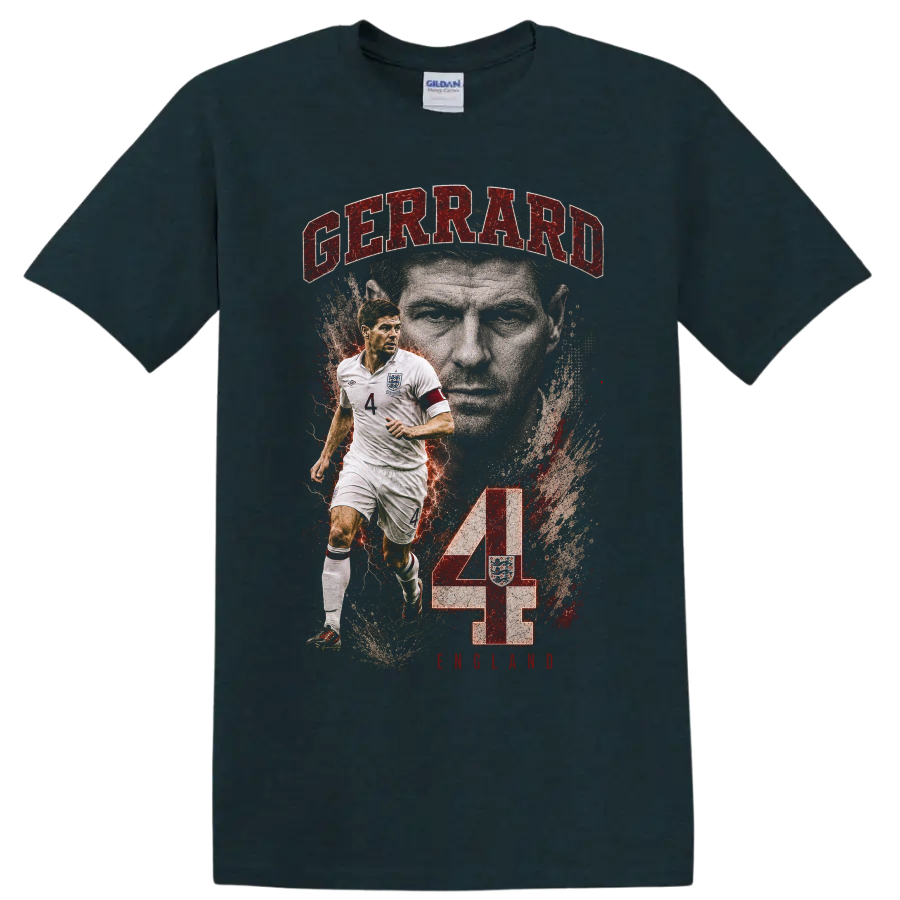 Steven Gerrard England number 4 soccer tribute graphic with captain portrait on a Midnight (Green) T Shirt