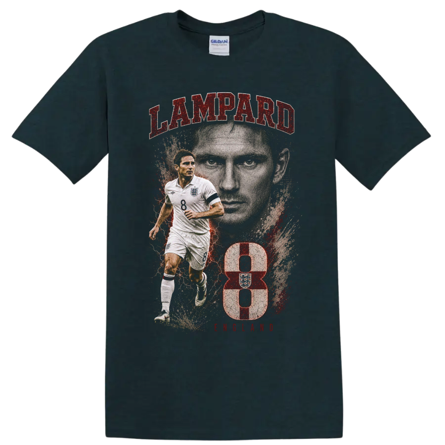 Frank Lampard England soccer portrait graphic with LAMPARD text and number 8 on a Midnight (Green) T Shirt