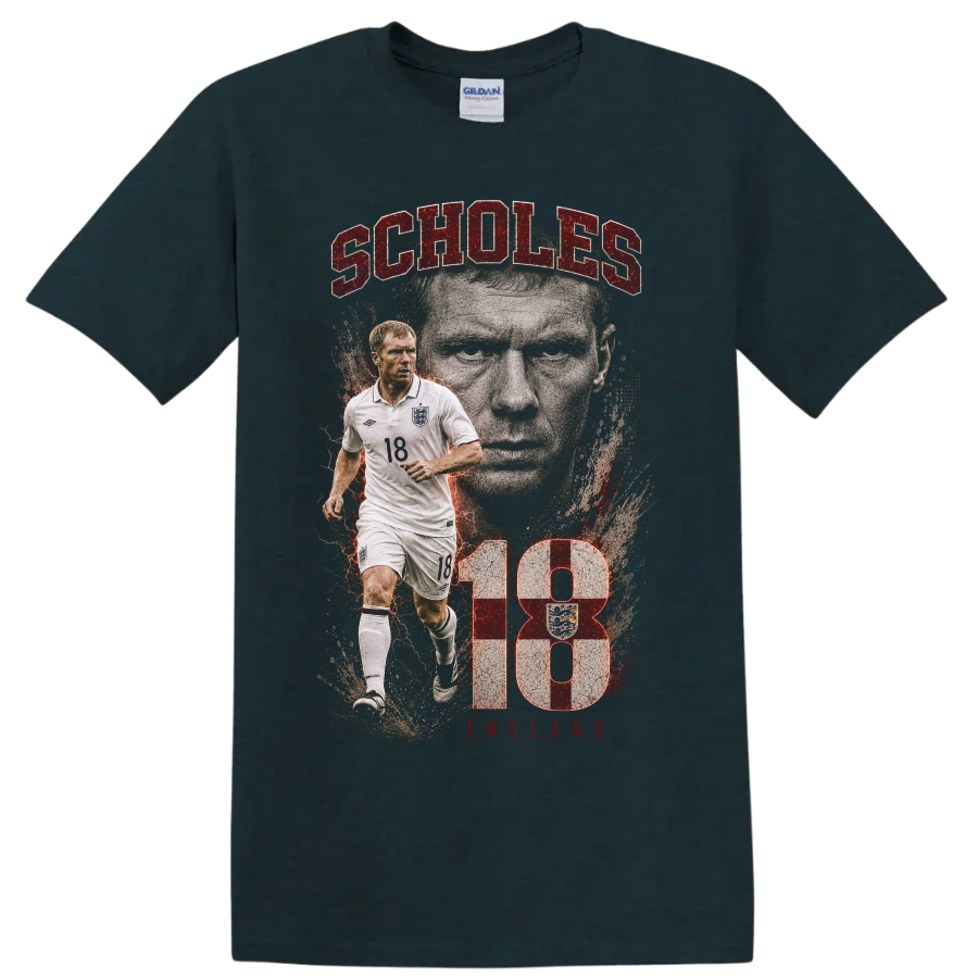 Paul Scholes England soccer portrait graphic with SCHOLES text on a Midnight (Green) T Shirt