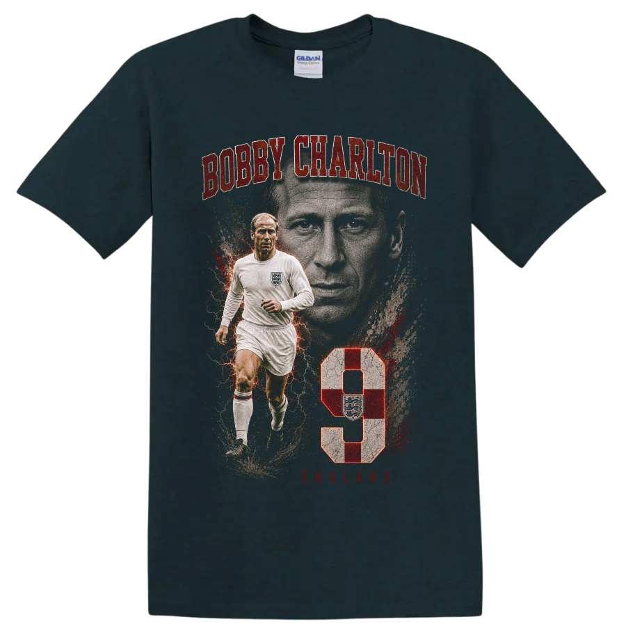 Bobby Charlton vintage soccer portrait graphic with England kit and number 9 on a Midnight (Green) T Shirt