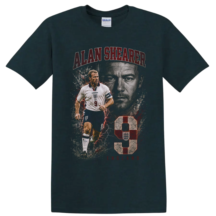 Alan Shearer England number 9 distressed soccer action portrait graphic on a Midnight (Green) T Shirt