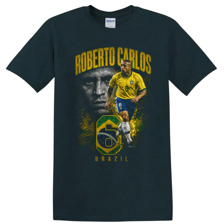 Roberto Carlos Brazil soccer action portrait with ROBERTO CARLOS and BRAZIL text on a Midnight (Green) T Shirt