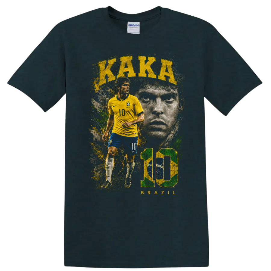 Kaká Brazil soccer graphic with action pose, portrait, and KAKA BRAZIL text on a Midnight (Green) T Shirt