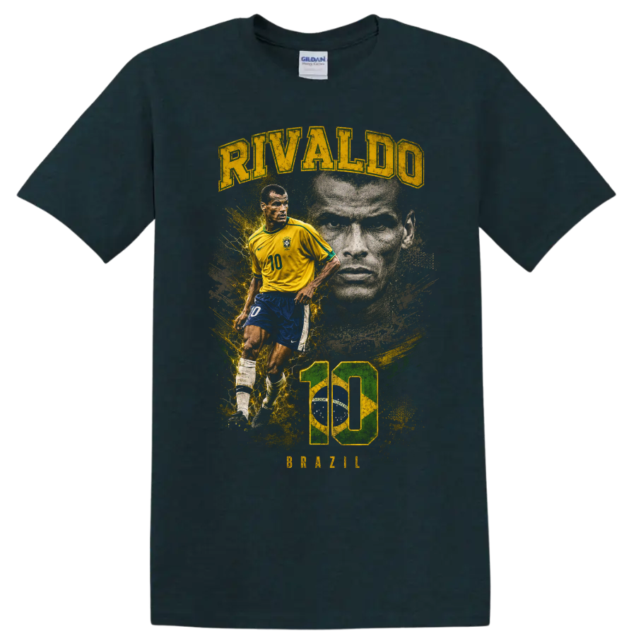 Rivaldo Brazil soccer graphic with number 10, action pose, and portrait on a Midnight (Green) T Shirt