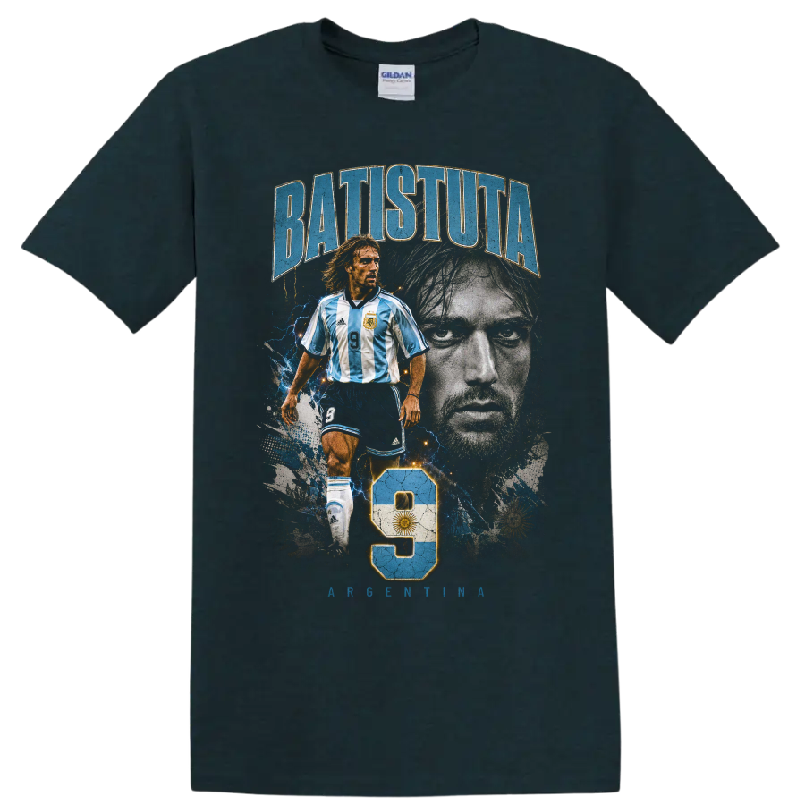 Gabriel Batistuta Argentina soccer portrait graphic with number 9 on a Midnight (Green) T Shirt