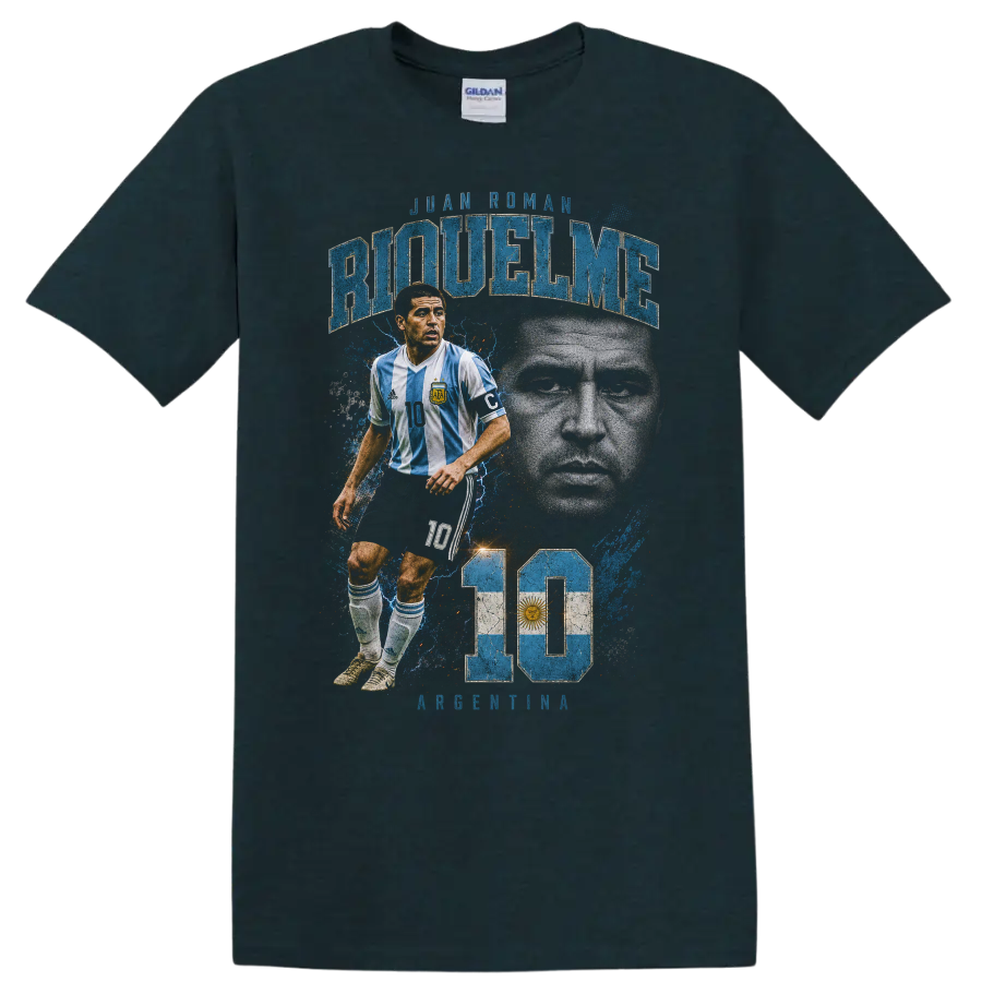 Juan Román Riquelme Argentina soccer portrait graphic print with number 10 on a Midnight (Green) T Shirt