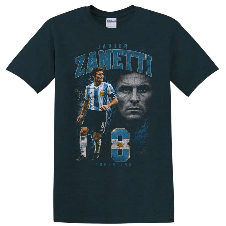 Javier Zanetti Argentina soccer portrait and action graphic with number 8 on a Midnight (Green) T Shirt