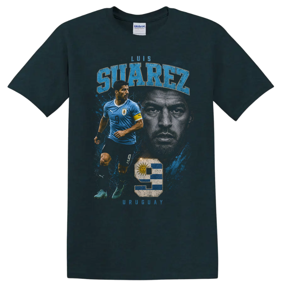 Luis Suárez Uruguay soccer action portrait graphic with bold name text on a Midnight (Green) T Shirt