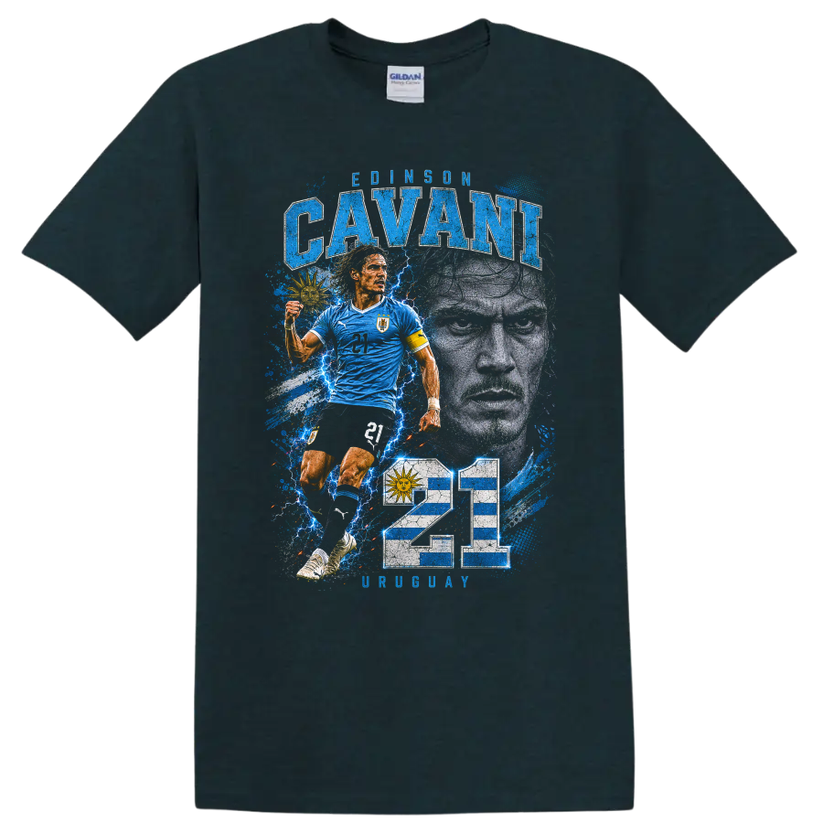 Edinson Cavani Uruguay soccer graphic with portrait, action pose, and number 21 on a Midnight (Green) T Shirt