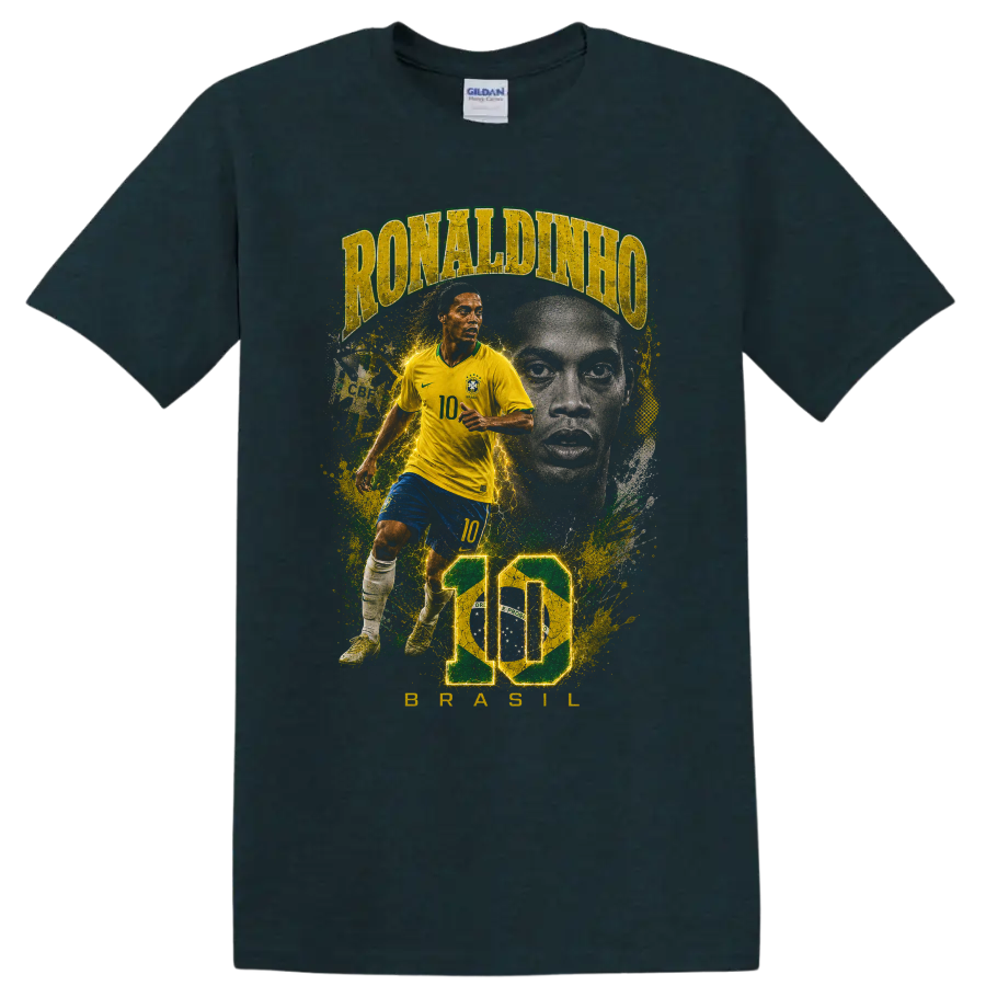 Ronaldinho Brazil soccer graphic with number 10 and bold portrait artwork on a Midnight (Green) T Shirt