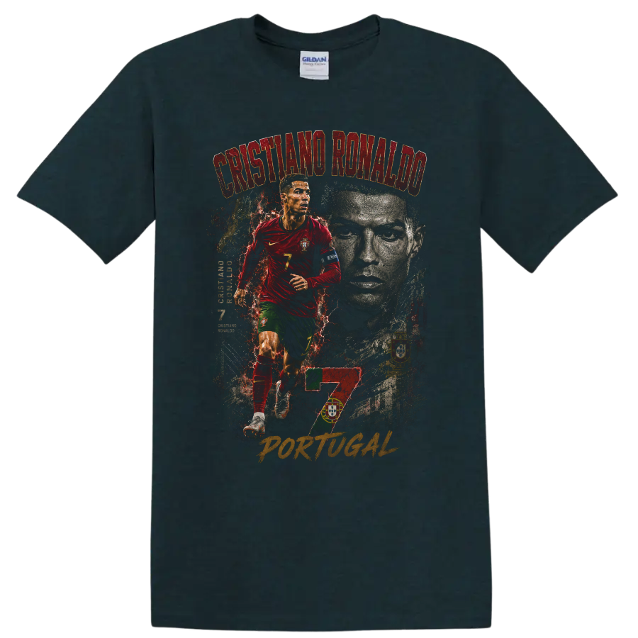 Cristiano Ronaldo Portugal soccer action portrait with number 7 on a Midnight (Green) T Shirt