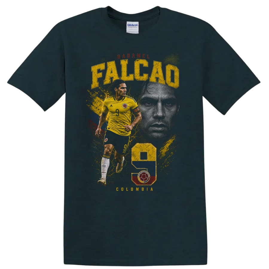 Radamel Falcao Colombia soccer graphic with FALCAO text and number 9 on a Midnight (Green) T Shirt