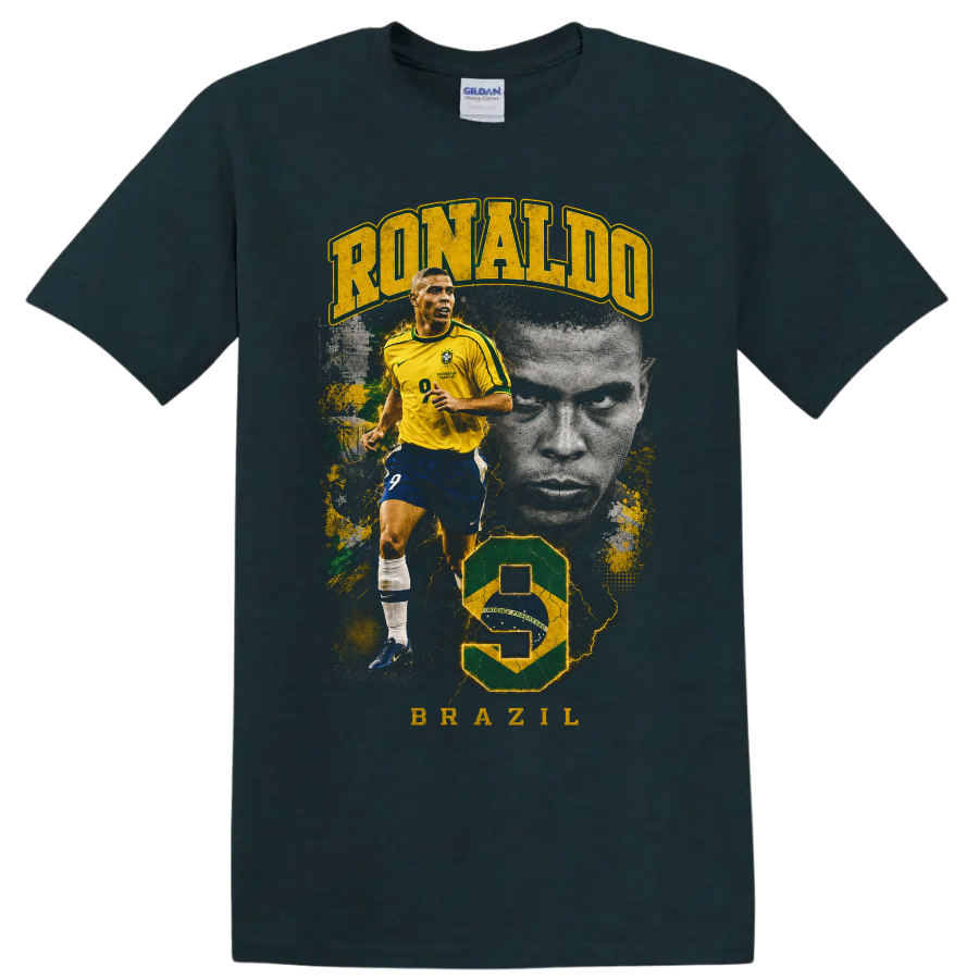 Ronaldo Nazário Brazil soccer action portrait graphic with bold lettering on a Midnight (Green) T Shirt