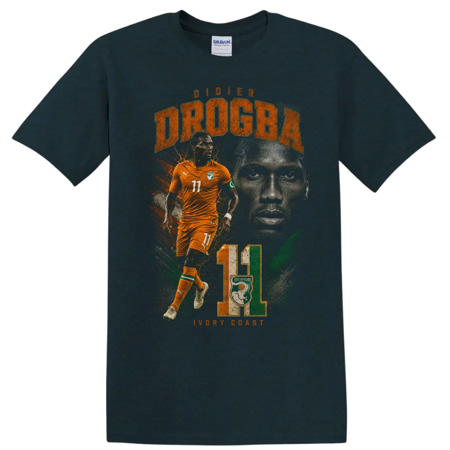 Didier Drogba Ivory Coast soccer action portrait with DROGBA text on a Midnight (Green) T Shirt