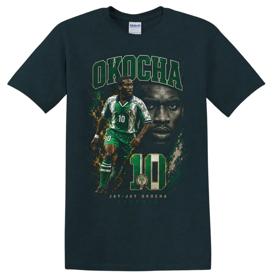 Jay-Jay Okocha Nigeria soccer graphic with OKOCHA and number 10 on a Midnight (Green) T Shirt