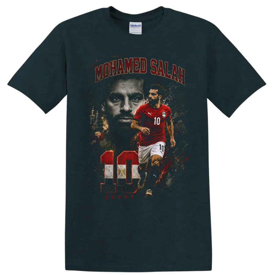Mohamed Salah Egypt soccer action portrait with number 10 on a Midnight (Green) T Shirt