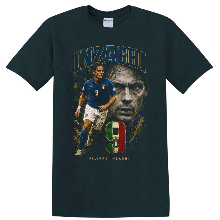 Filippo Inzaghi Italy soccer player number 9 distressed graphic print on a Midnight (Green) T Shirt