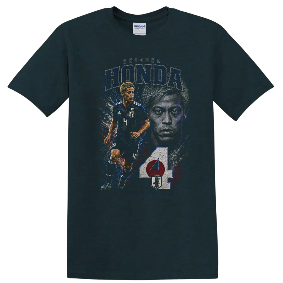 Keisuke Honda Japan soccer action portrait with HONDA and JAPAN text on a Midnight (Green) T Shirt
