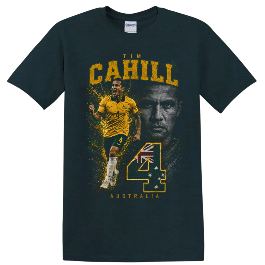 Tim Cahill Australia soccer tribute graphic with number 4 on a Midnight (Green) T Shirt