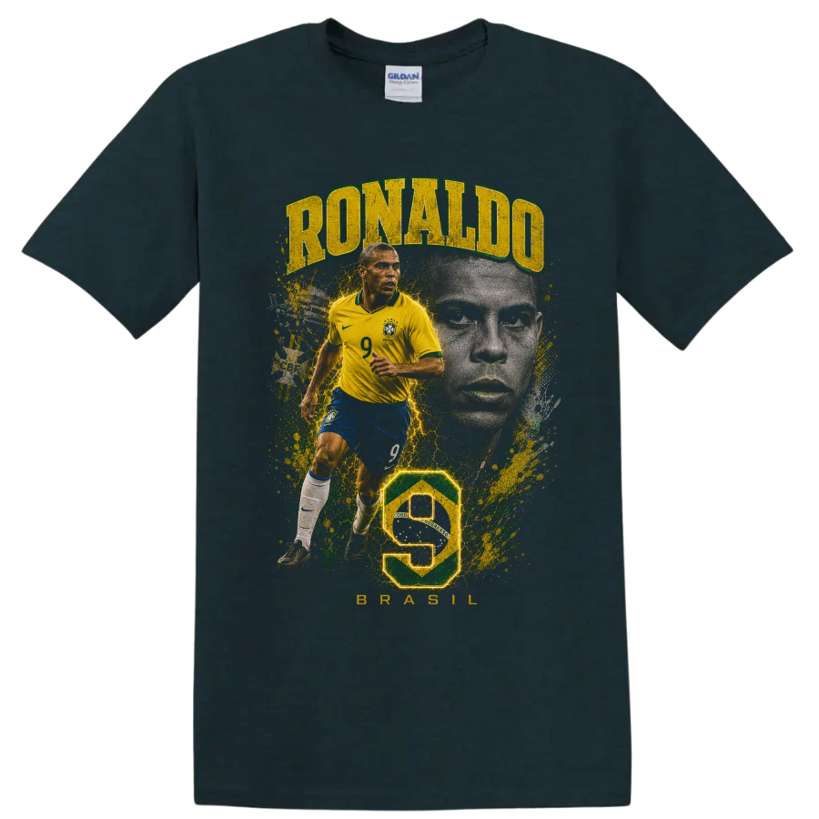 Ronaldo Nazário Brazil soccer collage with number 9 and portrait on a Midnight (Green) T Shirt