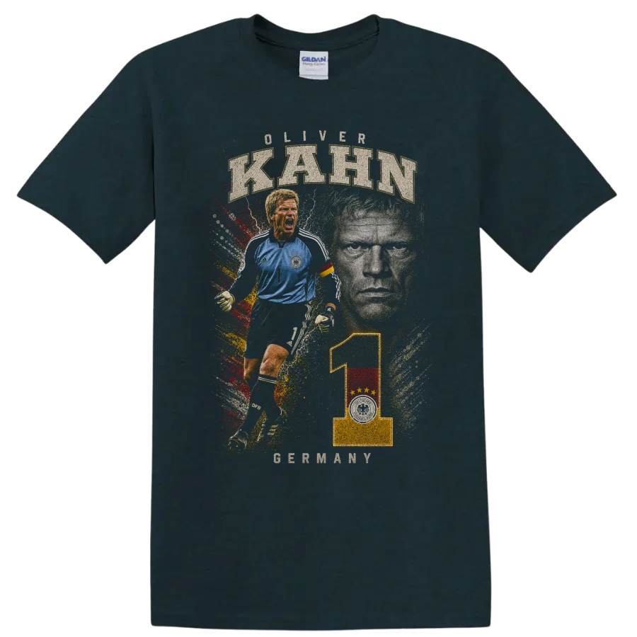 Oliver Kahn Germany goalkeeper graphic with KAHN text on a Midnight (Green) T Shirt
